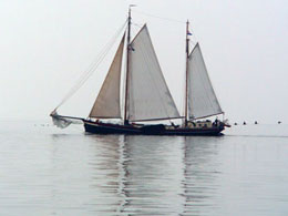 De terugweg verliep voorspoedig. Het IJsselmeer was bijna als een spiegel, waardoor de zeilboten in het niets leken te zweven.