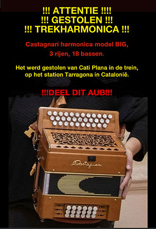 De vertaalde oproep voor de gestolen trekharmonica van Cati Plana.Klik voor het origineel.